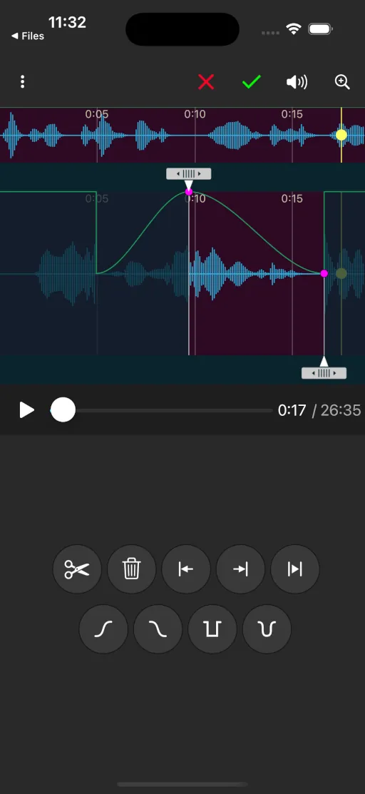 Quick edition like fade-in, fade-out, attenuators, etc